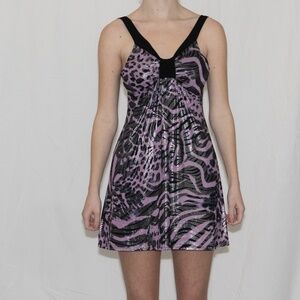 Y2k purple zebra print mini dress metallic stretchy size large rue 21